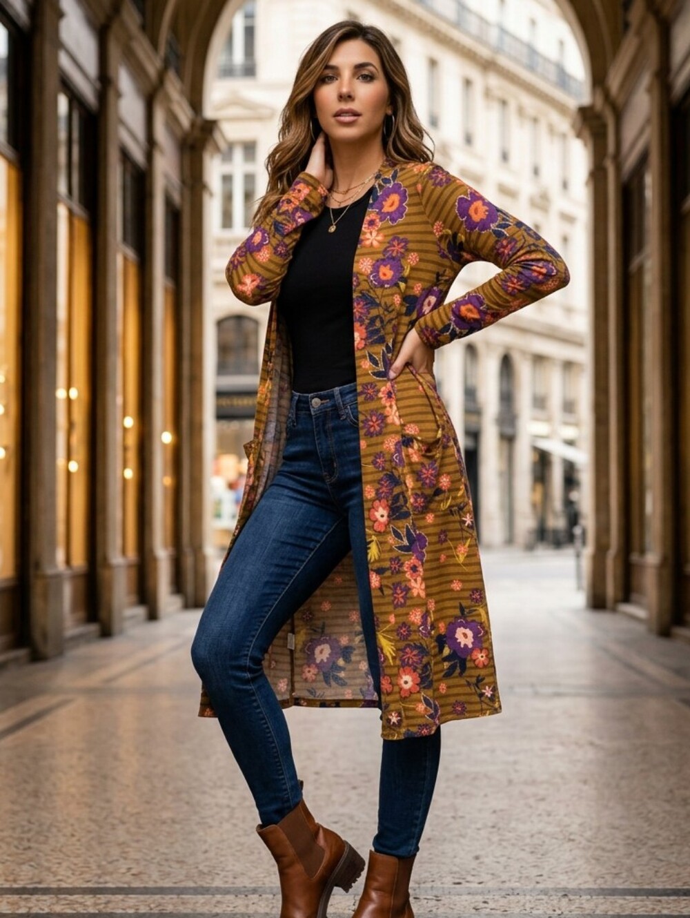 LuLaRoe Sarah Floral Duster Cardigan M Olive Brown Boho Fall Long Pocket Cardi